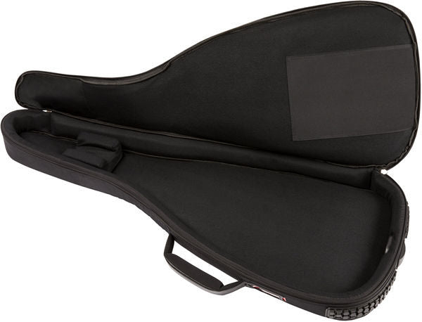 Black Fender FE620 electric guitar gig bag with padded interior and carrying handles, designed for secure transport and protection.