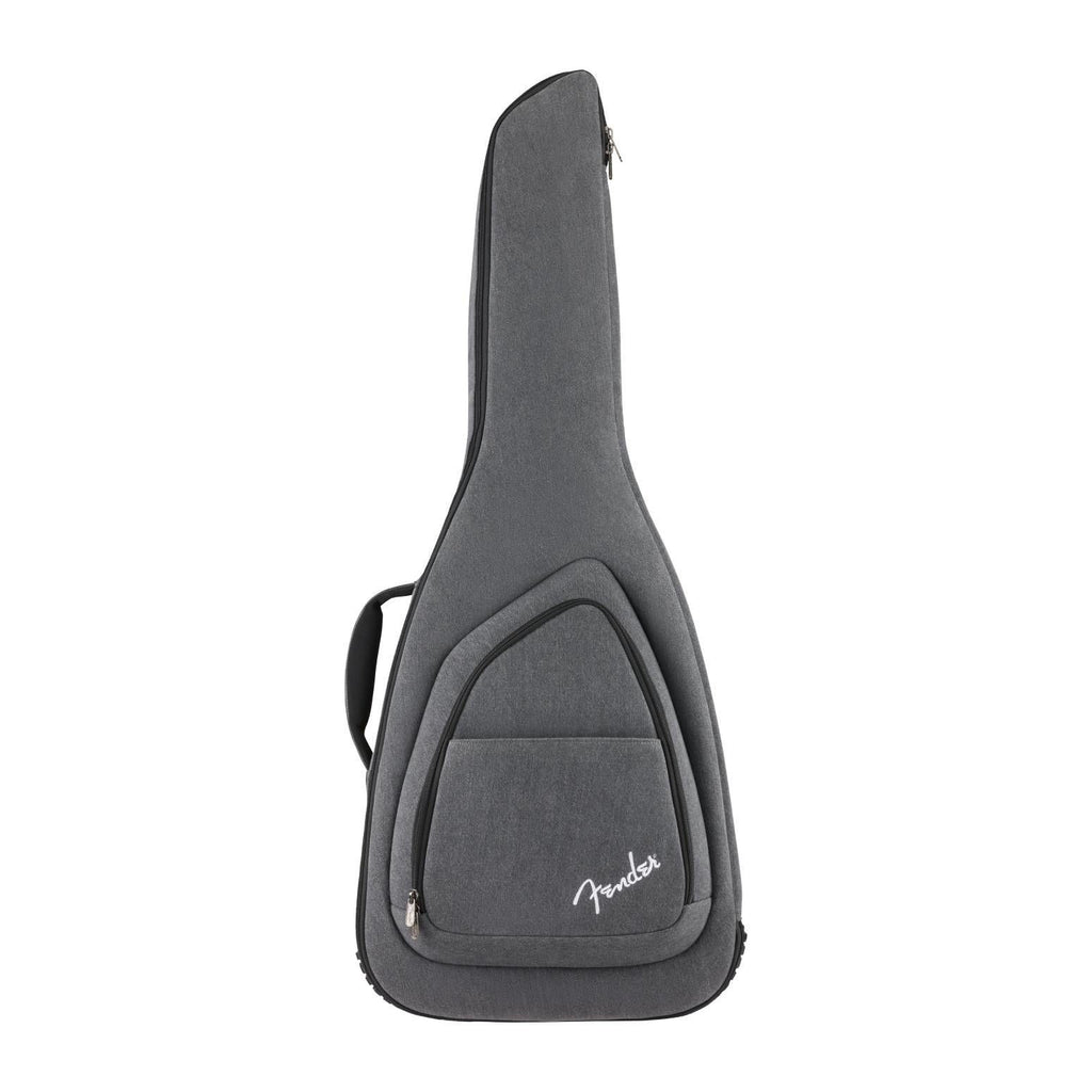 Fender FE920 electric guitar gig bag in gray denim with padded handle and shoulder strap for easy carrying and protection.