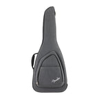 Fender FE920 electric guitar gig bag in gray denim with padded handle and shoulder strap for easy carrying and protection.