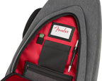 Fender FE920 electric guitar gig bag in gray denim with padded shoulder straps and carrying handle for easy transport.