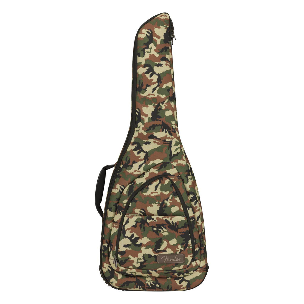 Fender FE920 electric guitar gig bag in woodland camo with padded design and carrying handle for secure travel and storage.