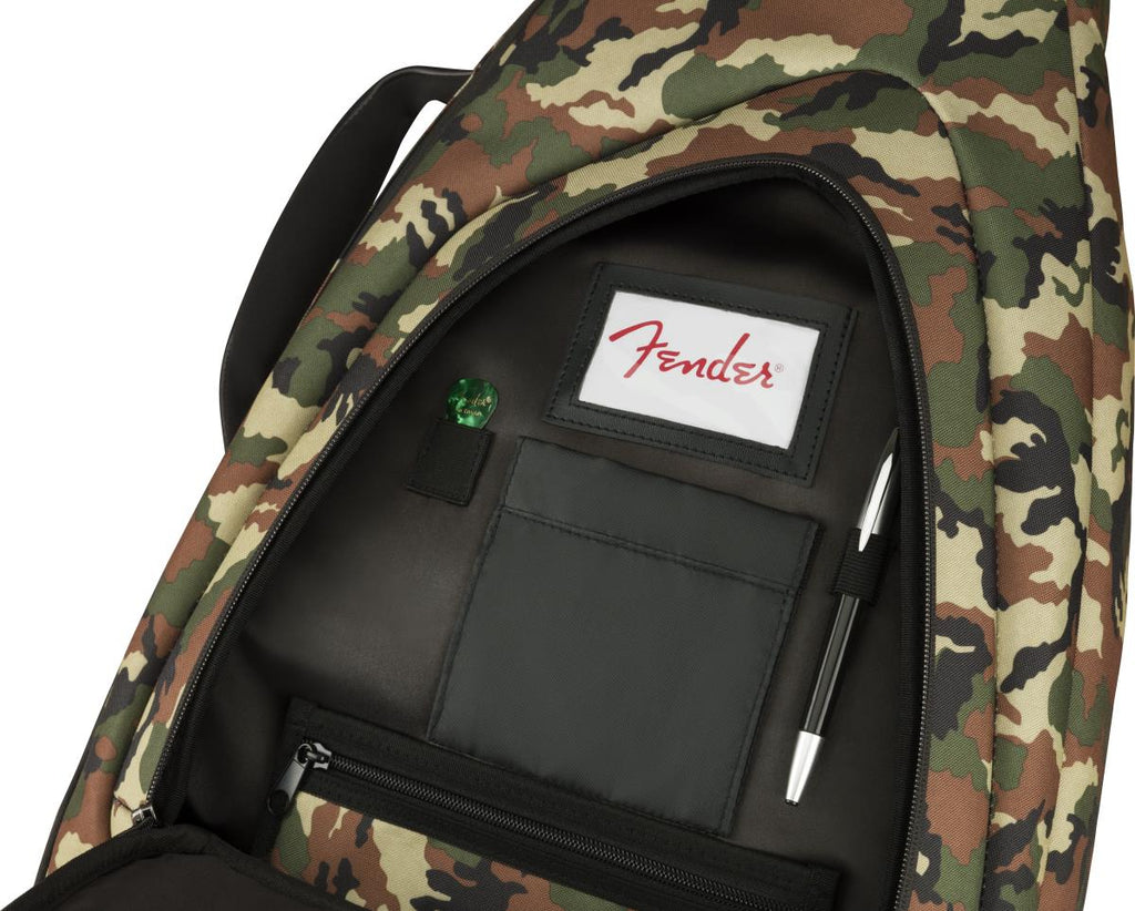 Fender FE920 electric guitar gig bag in woodland camo with padded exterior and carrying straps, designed for secure guitar transport.
