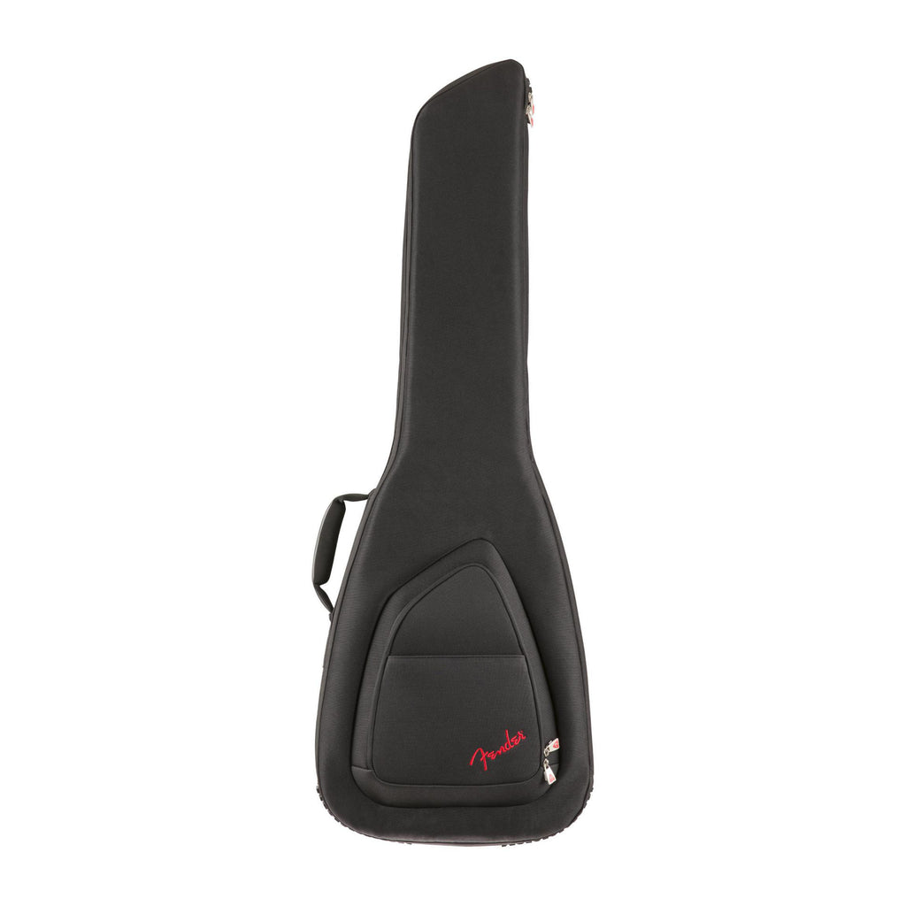 Black Fender fretboard electric bass gig bag, sturdy guitar case with padded interior for guitar protection.