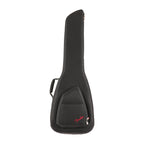 Black Fender fretboard electric bass gig bag, sturdy guitar case with padded interior for guitar protection.