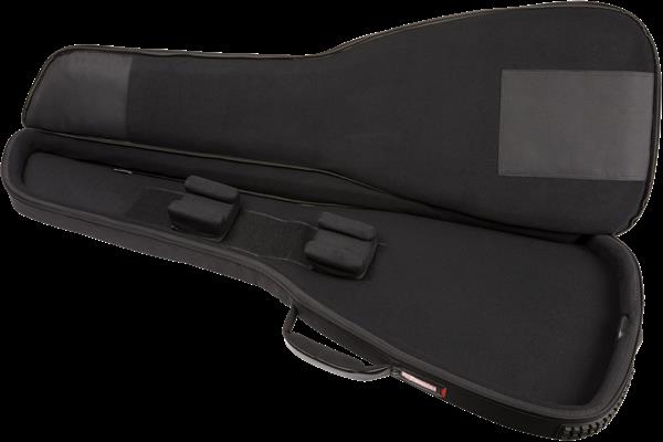Black Fender electric bass gig bag with padded interior and carrying handles, designed for protecting and transporting bass guitars.