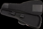 Black Fender electric bass gig bag with padded interior and carrying handles, designed for protecting and transporting bass guitars.
