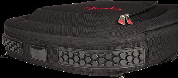 Black Fender fretboard electric bass gig bag in a durable guitar case with padded interior for protection.
