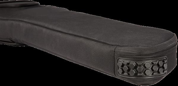 Black Fender fretboard electric bass gig bag showing padded exterior and carrying straps for secure transport.