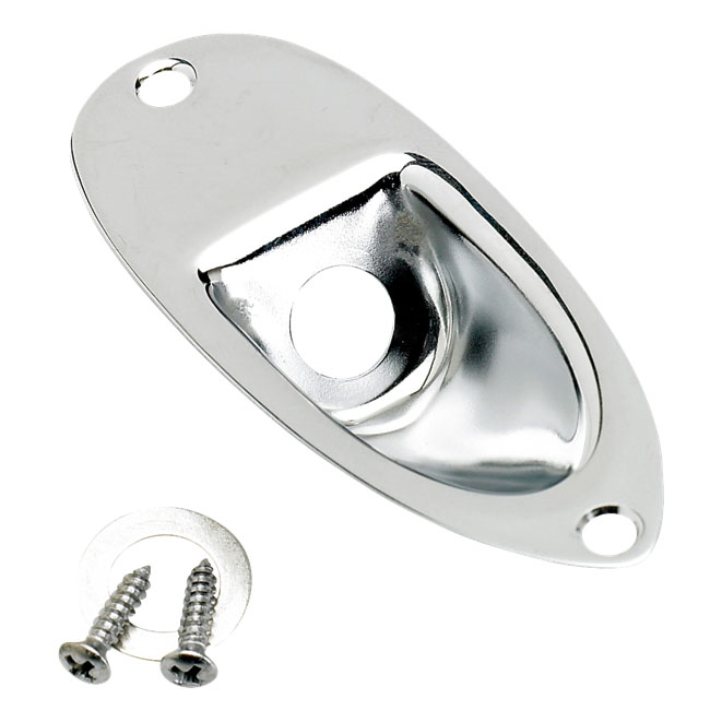Chrome Fender Stratocaster Jack Ferrule for guitar input jack, close-up of shiny metal component on Fender guitar parts.