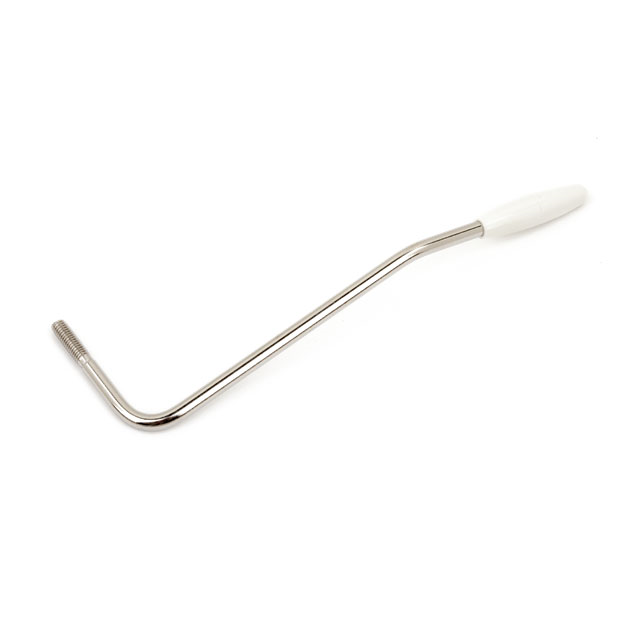 Chrome Fender American Standard left-handed Stratocaster tremolo arm for guitar, with detailed screw threading and chrome finish.