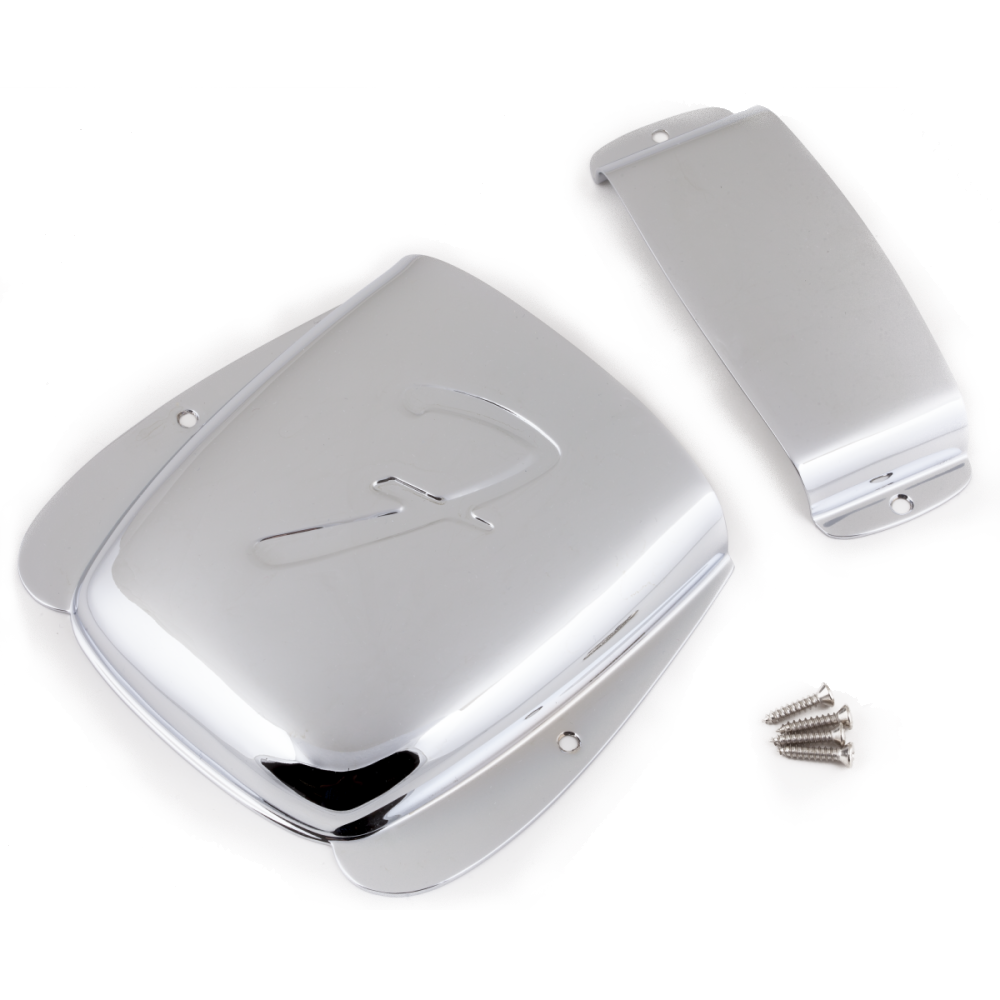 Fender Pure Vintage Jazz Bass ashtray cover set in steel and chrome, including two covers for guitar bridge and pickups.