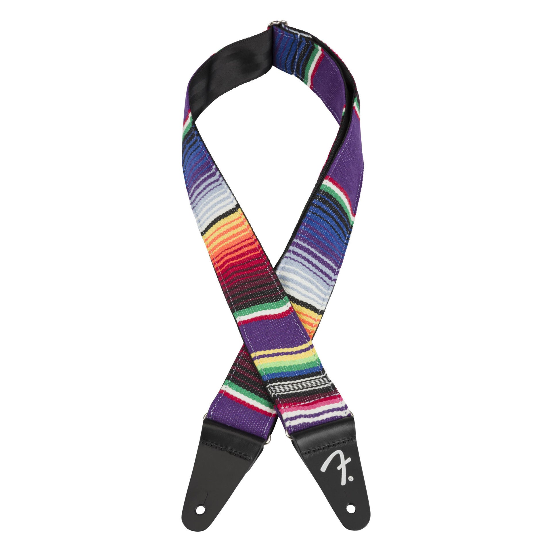 Fender Serape 2-inch guitar strap in vibrant purple multi design, made of woven fabric with leather ends for secure attachment.