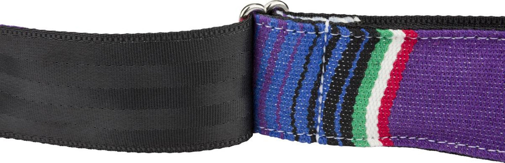 Fender Serape 2-inch guitar strap in vibrant purple multi pattern with woven design and leather ends for secure attachment.