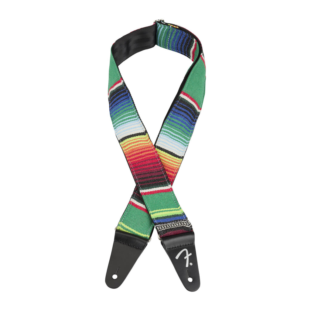 Fender Serape 2-inch guitar strap in vibrant green multi-colored woven fabric with leather ends.