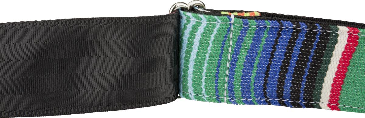 Fender Serape 2-inch guitar strap in vibrant green multi-colored woven fabric with leather ends.