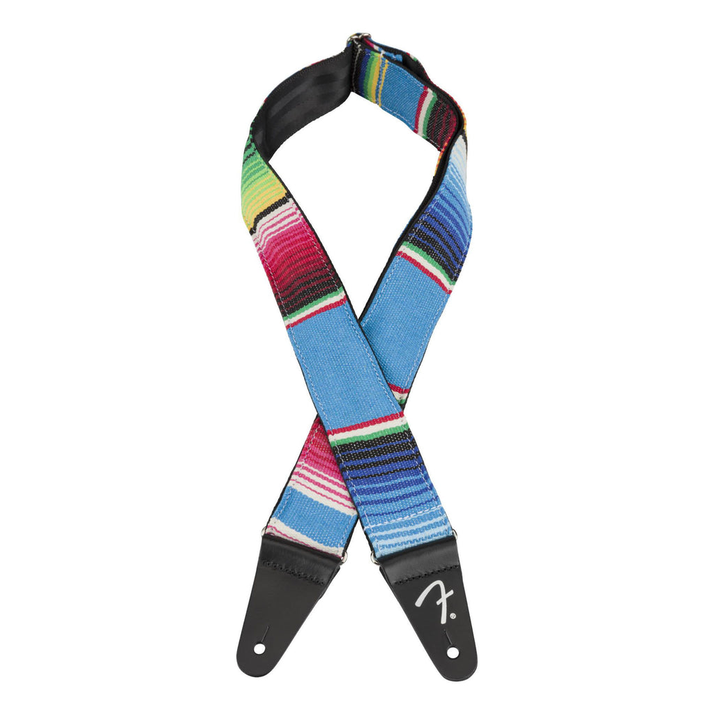 Fender Serape 2-inch guitar strap in blue multi with colorful woven pattern, designed for comfortable musical instrument support.