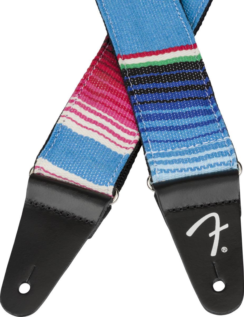 Fender Serape 2-inch guitar strap in vibrant blue multicolor serape pattern with leather ends for secure attachment.