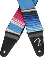 Fender Serape 2-inch guitar strap in vibrant blue multicolor serape pattern with leather ends for secure attachment.