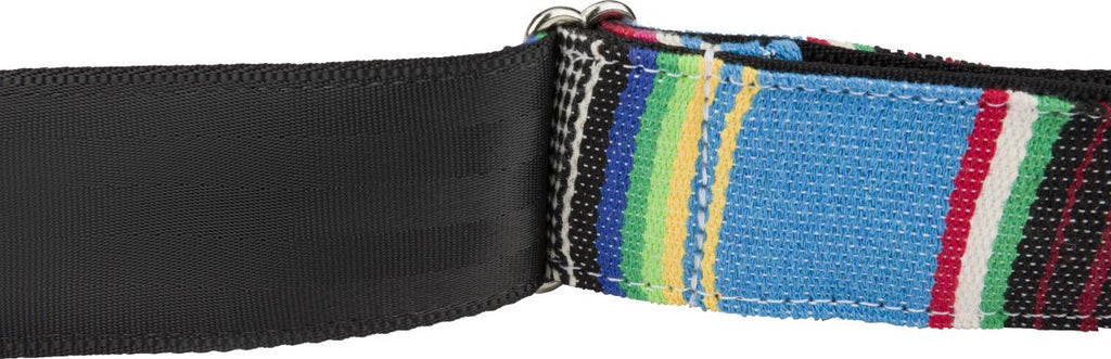 Fender Serape 2-inch guitar strap in vibrant blue multi-color woven fabric, designed for comfortable instrument support.