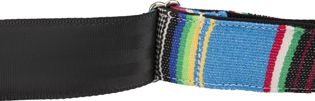 Fender Serape 2-inch guitar strap in vibrant blue multi-color woven fabric, designed for comfortable instrument support.