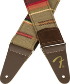 Fender Sonoran 2-inch guitar strap in Sedona with adjustable leather ends and colorful woven design, suitable for acoustic or electric guitars.
