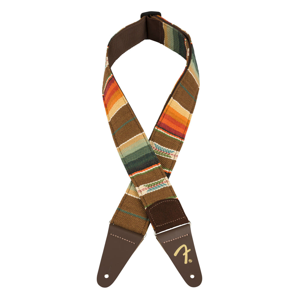 Fender Sonoran 2-inch guitar strap in Saguaro design with leather ends, adjustable for comfortable guitar playing.