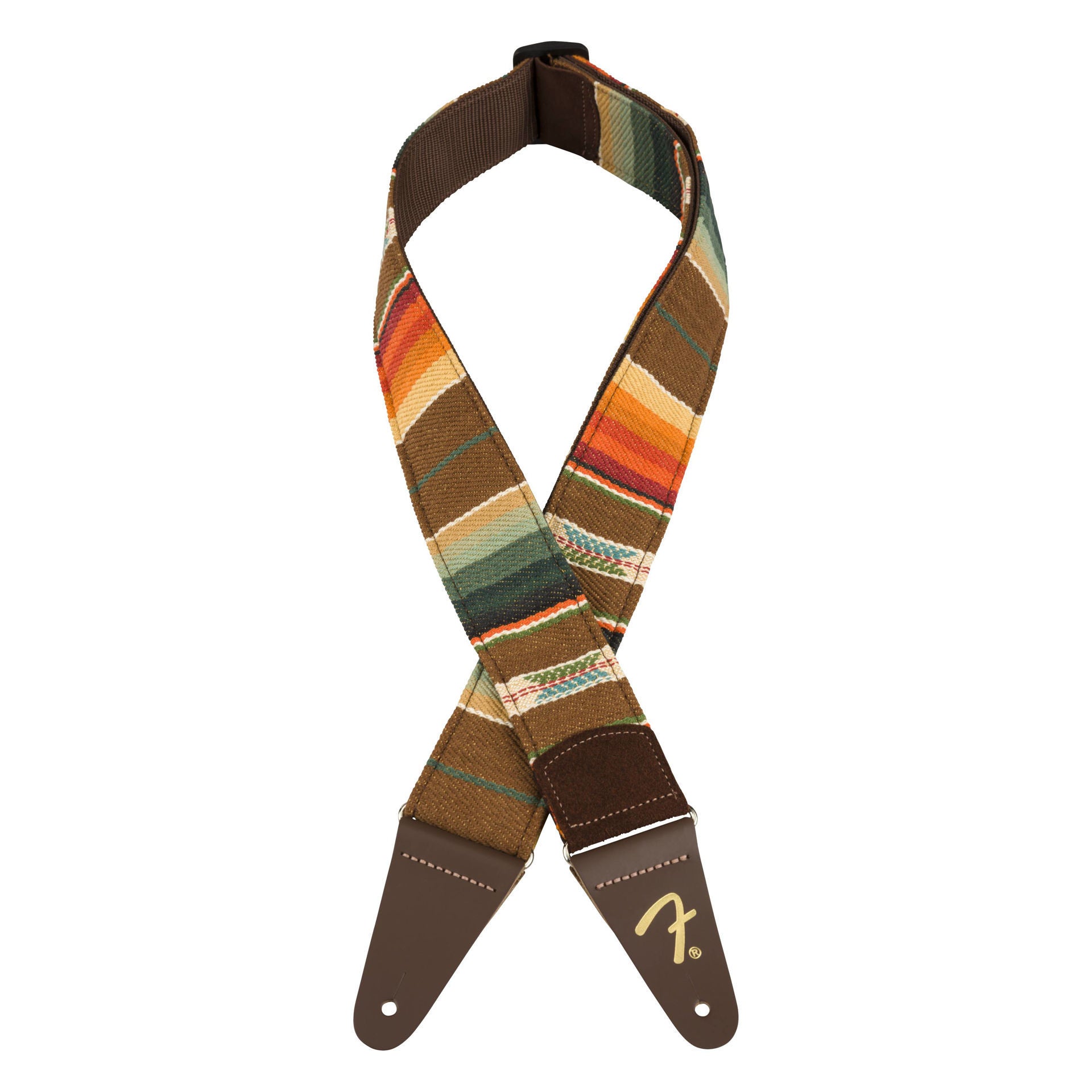 Fender Sonoran 2-inch guitar strap in Saguaro design with leather ends, adjustable for comfortable guitar playing.