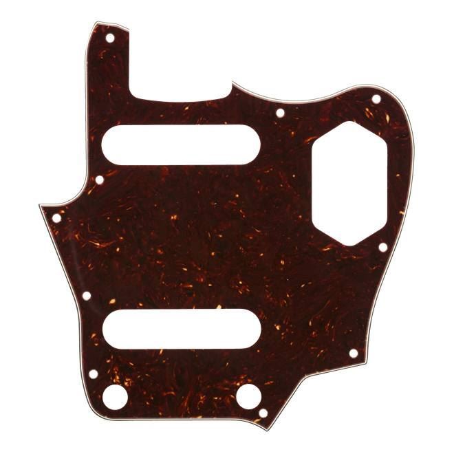 Fender American Professional Jaguar 10-hole tortoiseshell pickguard for electric guitar, showcasing its distinctive pattern and shape.