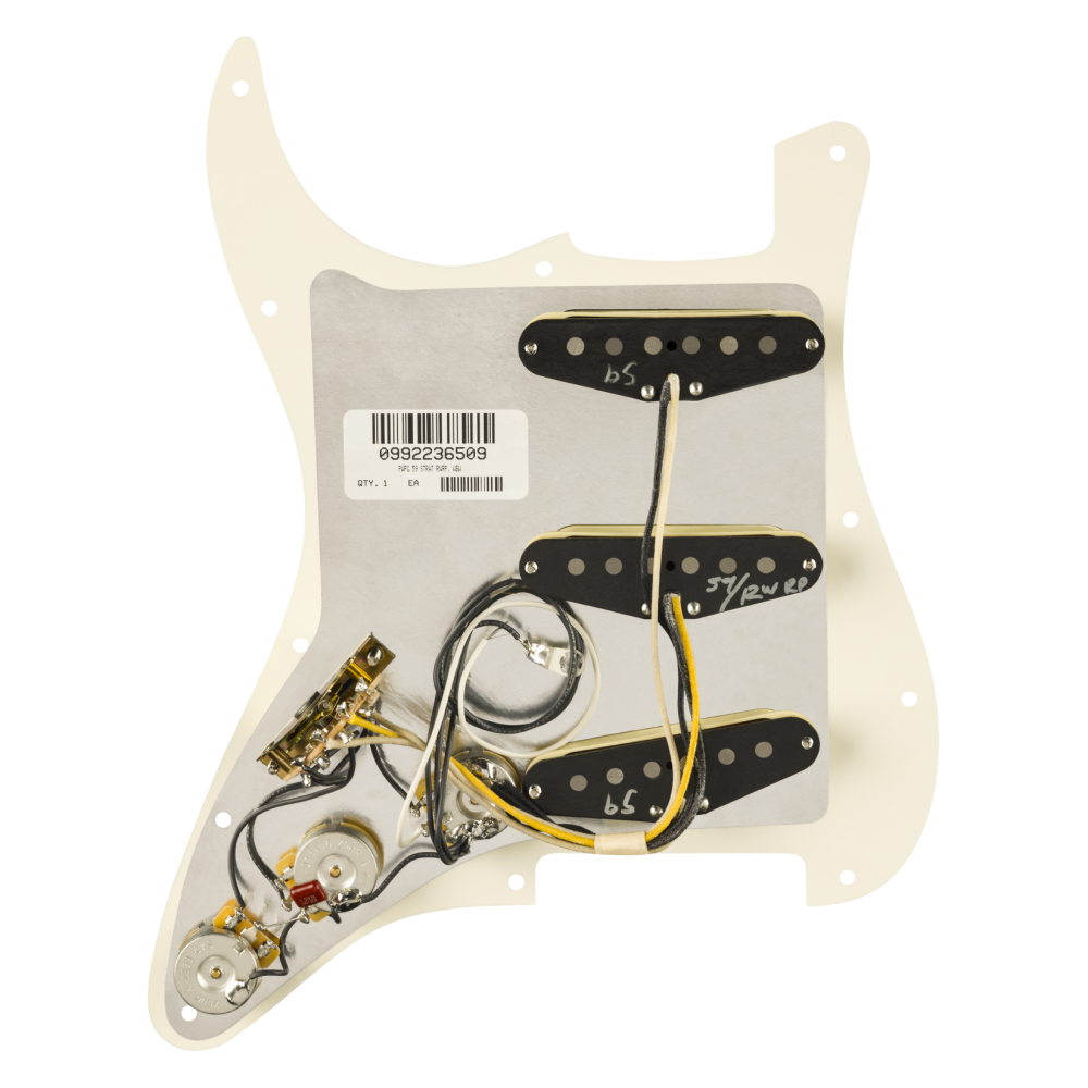 Fender Pre-Wired Strat pickguard with Pure Vintage '59 reverse wound middle pickup and three single-coil pickups on a guitar.