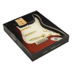 Fender Pre-Wired Strat pickguard with Pure Vintage '59 reverse wound middle pickup, showing the assembled guitar electronics and wiring.