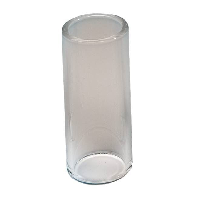 Fender thick glass slide for guitar, medium size, showcasing transparent glass with rounded edges on a plain background.