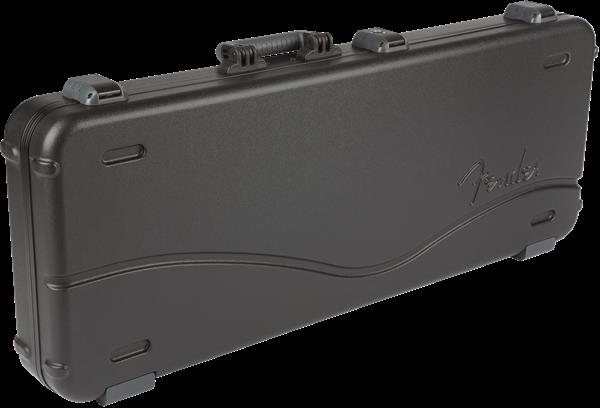 Black Fender Deluxe Molded Stratocaster and Telecaster guitar case, sturdy protective gig bag with handle and reinforced edges.