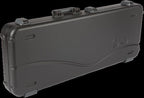 Black Fender Deluxe Molded Stratocaster and Telecaster guitar case, sturdy protective gig bag with handle and reinforced edges.