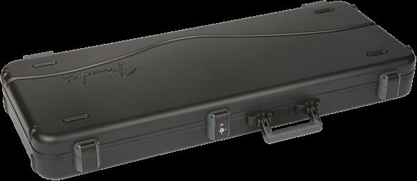 Black Fender Deluxe Molded Stratocaster and Telecaster guitar case with padded interior and sturdy exterior for protection.