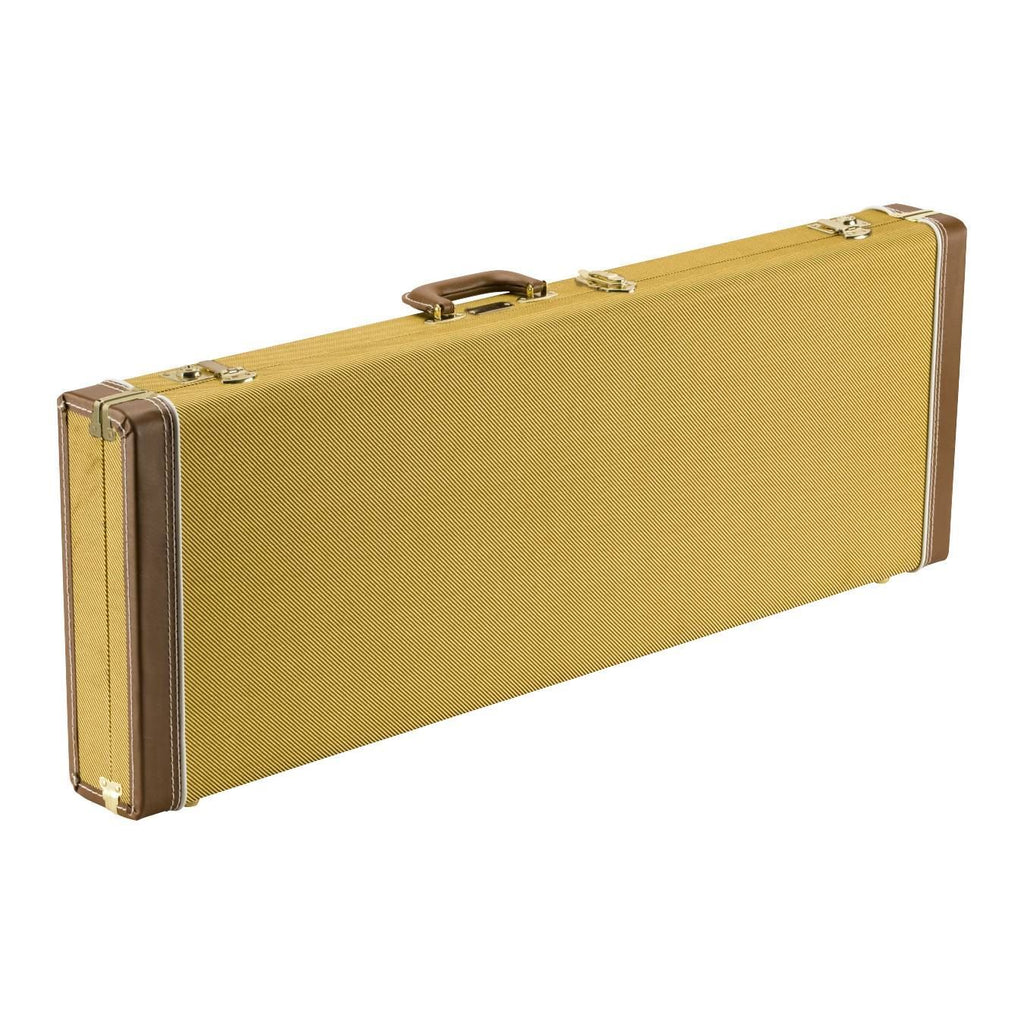 Fender Classic Series wood guitar case in tweed for Stratocaster and Telecaster electric guitars, with sturdy handle and latches.