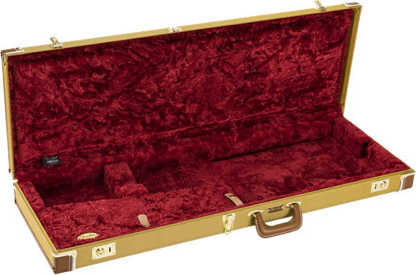 Fender Classic Series wood guitar case in tweed for Stratocaster and Telecaster electric guitars, with padded interior and sturdy handle.