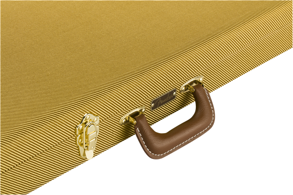 Fender Classic Series wood guitar case in tweed for Stratocaster and Telecaster electric guitars, with padded interior and sturdy handle.
