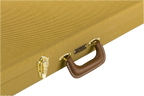 Fender Classic Series wood guitar case in tweed for Stratocaster and Telecaster electric guitars, with padded interior and sturdy handle.