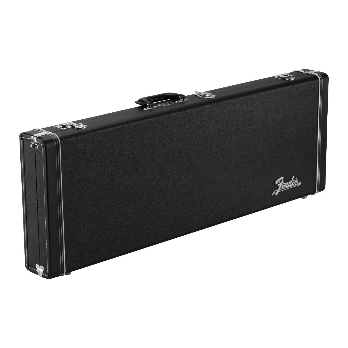 Fender Classic Series black wood guitar case for Stratocaster and Telecaster electric guitars, with padded interior and sturdy handle.