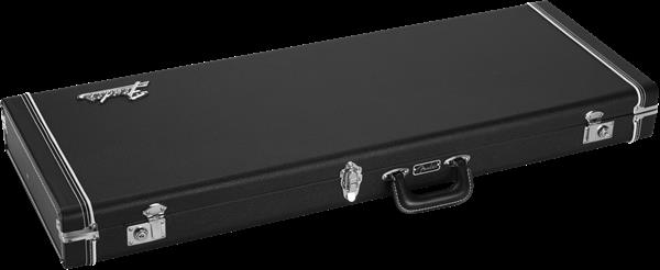 Black Fender Classic Series wood guitar case designed for Stratocaster and Telecaster electric guitars, sturdy and protective.