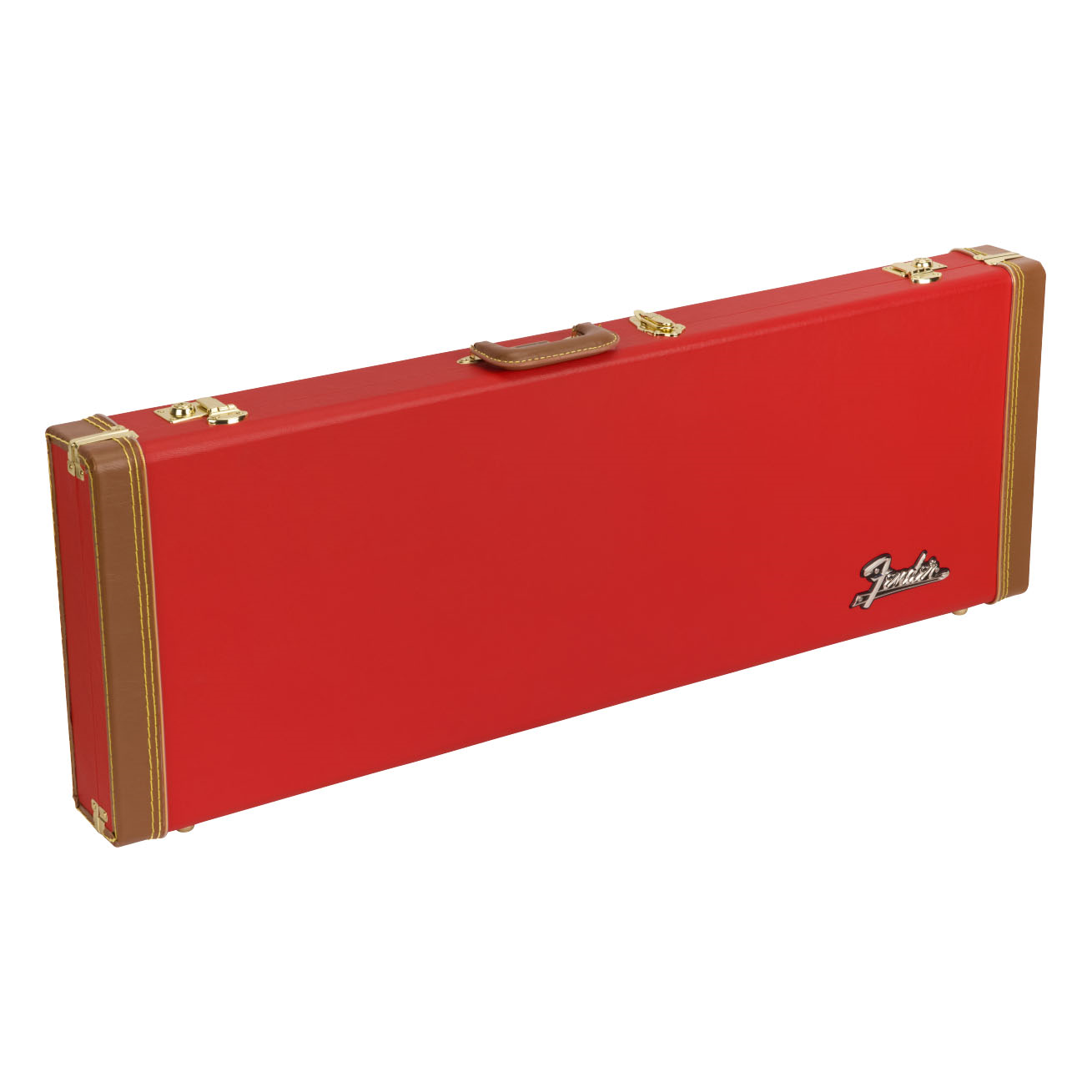 Fender Classic Series wood guitar case for Stratocaster and Telecaster in Fiesta Red, with plush interior and sturdy handle.