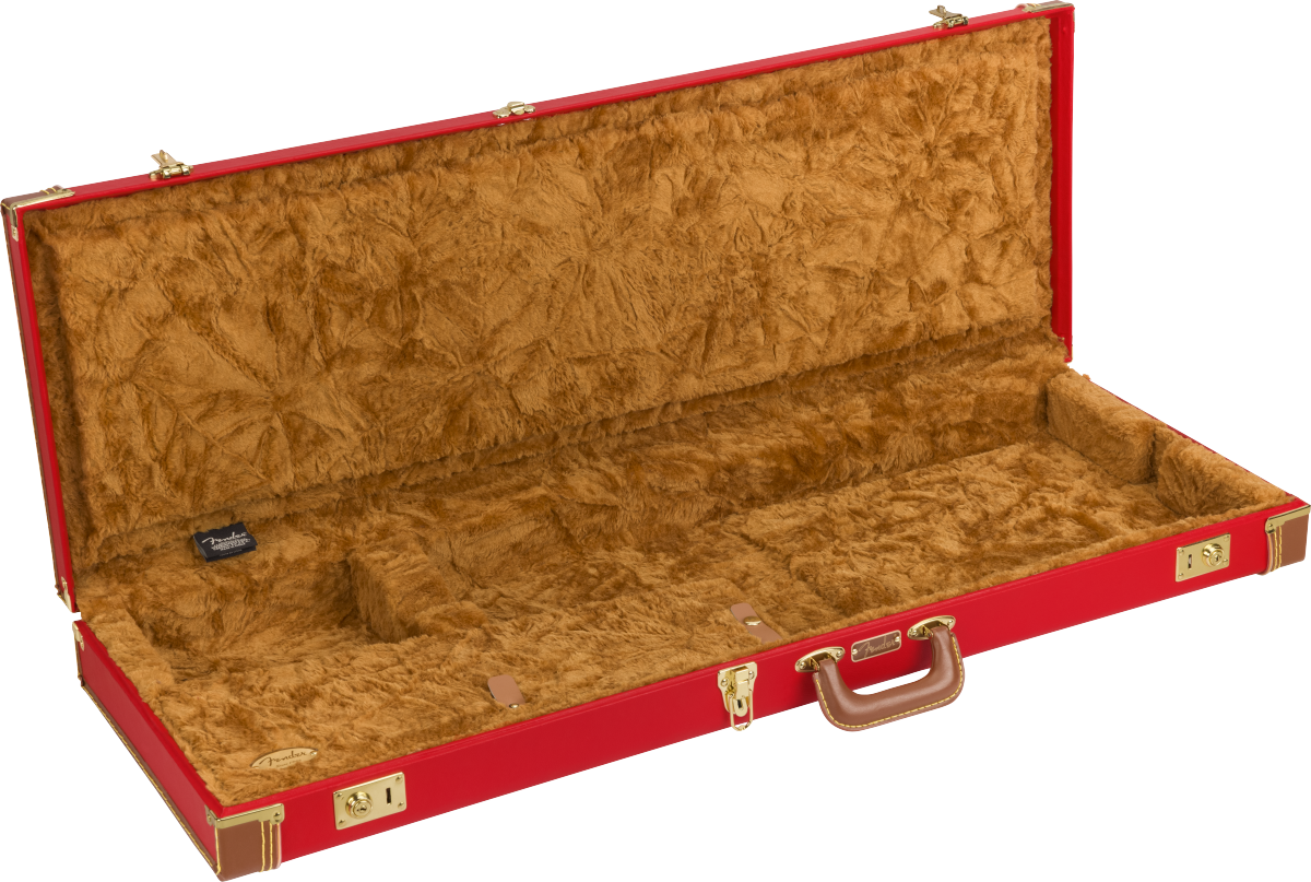 Fender Classic Series wood guitar case for Stratocaster and Telecaster in Fiesta Red, showing the sturdy wooden exterior and handle.