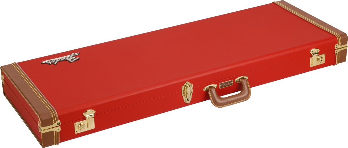 Fender Classic Series Wood Case for Stratocaster and Telecaster guitars in Fiesta Red, showing the vintage-style wooden guitar case.