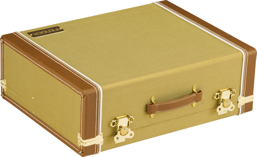 Fender Tweed Pedalboard Case for effects pedalboards, small size, with vintage-style tweed fabric and sturdy handle for easy transport.