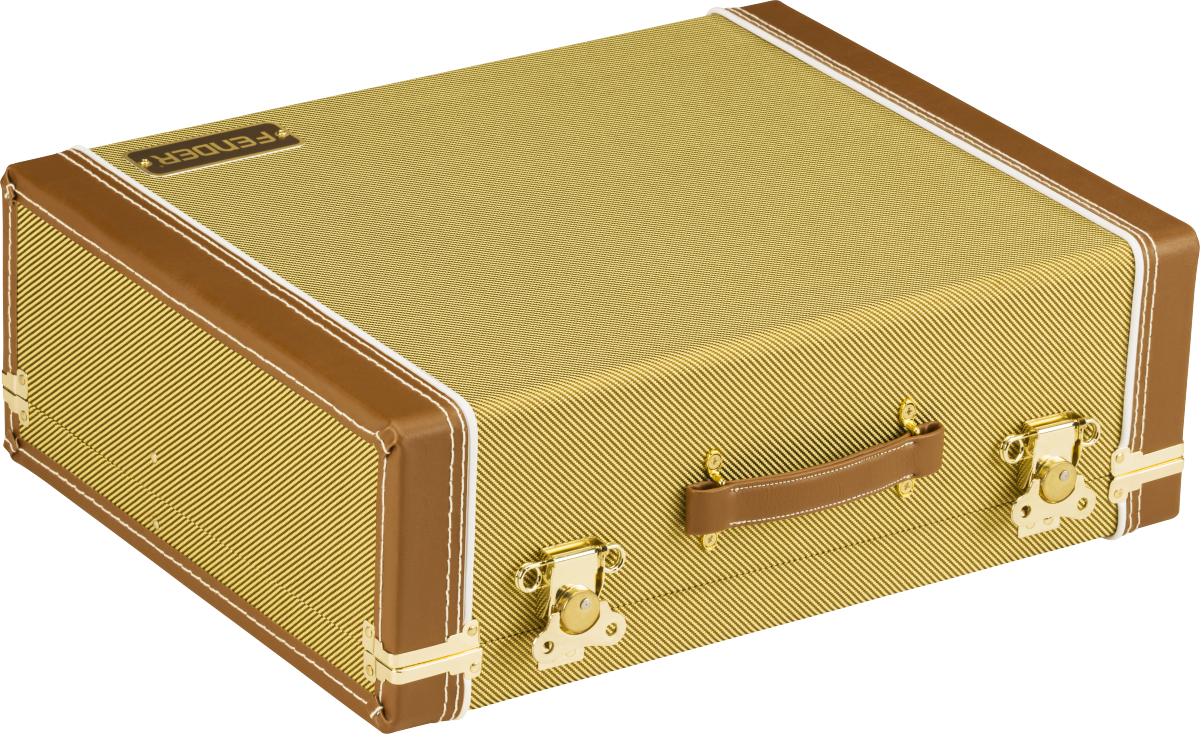 Fender Tweed Pedalboard Case for effects pedalboards, small size, with vintage-style tweed fabric and sturdy handle for easy transport.