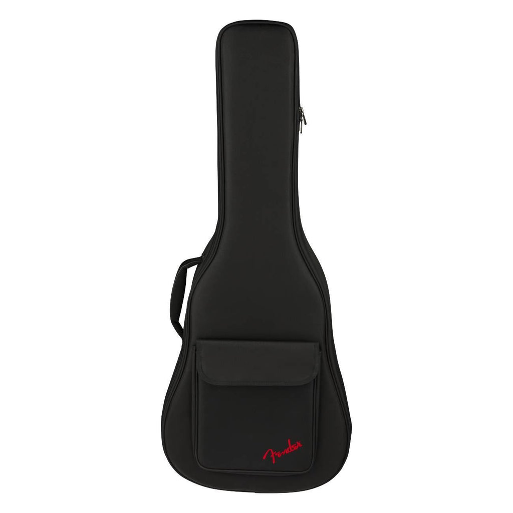 Black Fender Busker Dreadnought guitar gig case with padded interior and sturdy handle, designed for easy transport and protection.