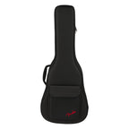 Black Fender Busker Dreadnought guitar gig case with padded interior and sturdy handle, designed for easy transport and protection.
