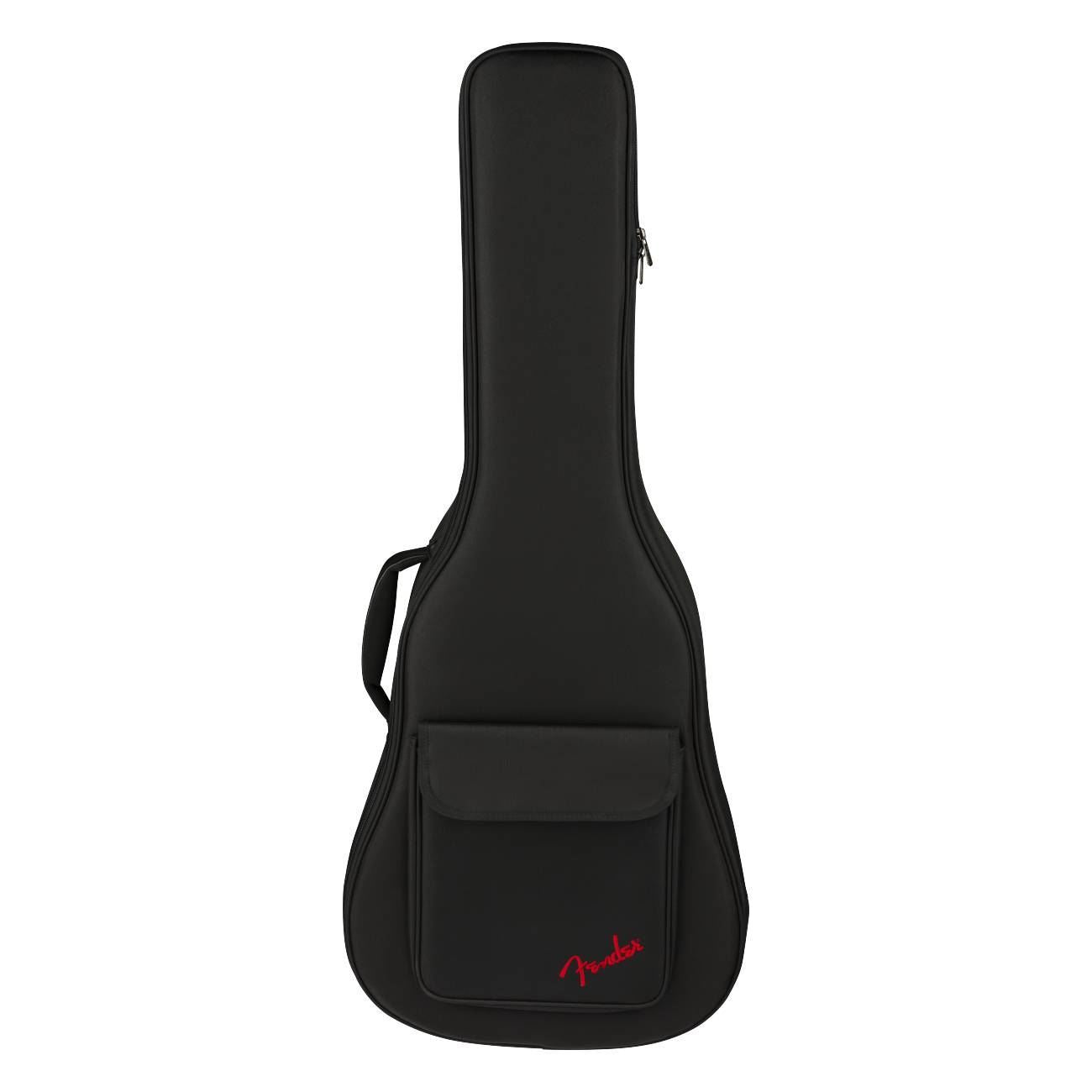 Black Fender Busker Dreadnought guitar gig case with padded interior and sturdy handle, designed for easy transport and protection.