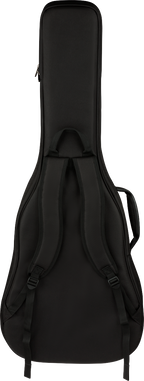 Black Fender Busker Dreadnought guitar gig case with padded interior and sturdy handle, designed for secure transport of acoustic guitars.