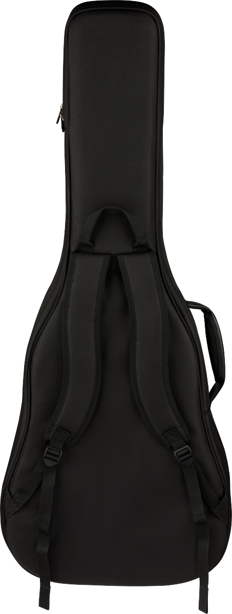 Black Fender Busker Dreadnought guitar gig case with padded interior and sturdy handle, designed for secure transport of acoustic guitars.